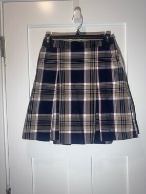 Plaid Pleated Pocket Skirt in Navy, Tan & Cream. School Uniform Schoolgirl NWT
